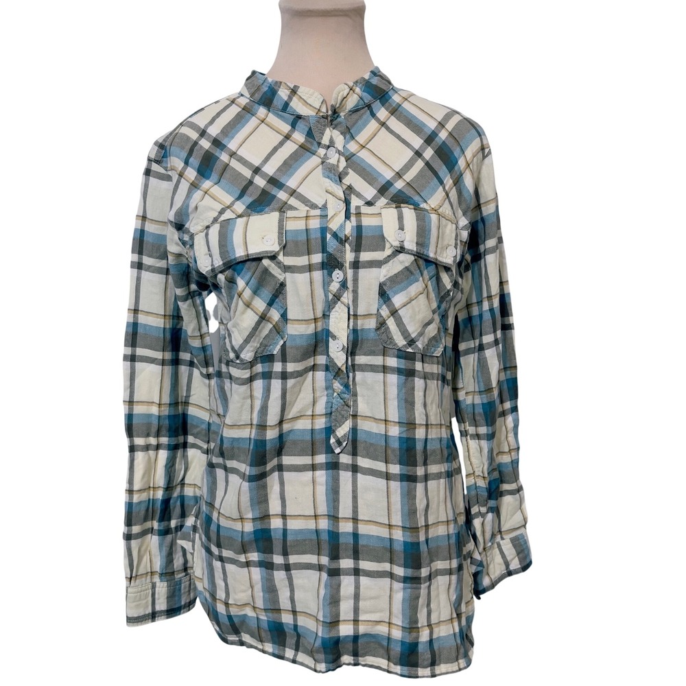 MM Vintage Womens‎ Plaid Embroidered Henley Shirt XS Blue Cream Boho Flannel
